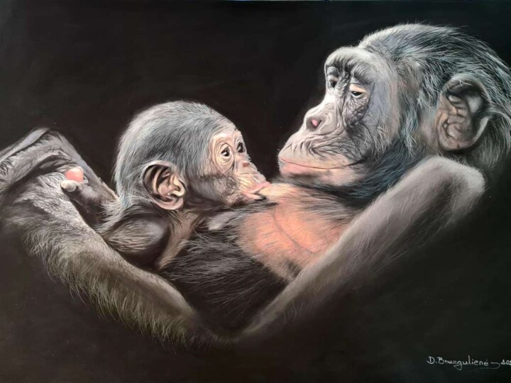 Original large Painting wall decor portrait gorillas Pastel 绘画, 19.7x27.6 in