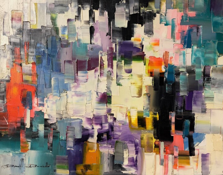 Painting titled "Full colors world" by Dam Domido, Original Artwork, Oil Mounted on Wood Stretcher frame
