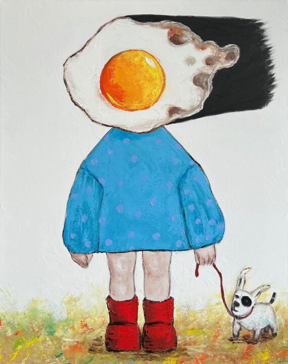 Pittura intitolato "Egg girl in blue on…" da Ta Byrne, Opera d'arte originale, Olio