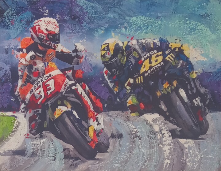 Valentino Rossi and Marc Marquez acrylic print on canvas 绘画, 16.1x20.9 in