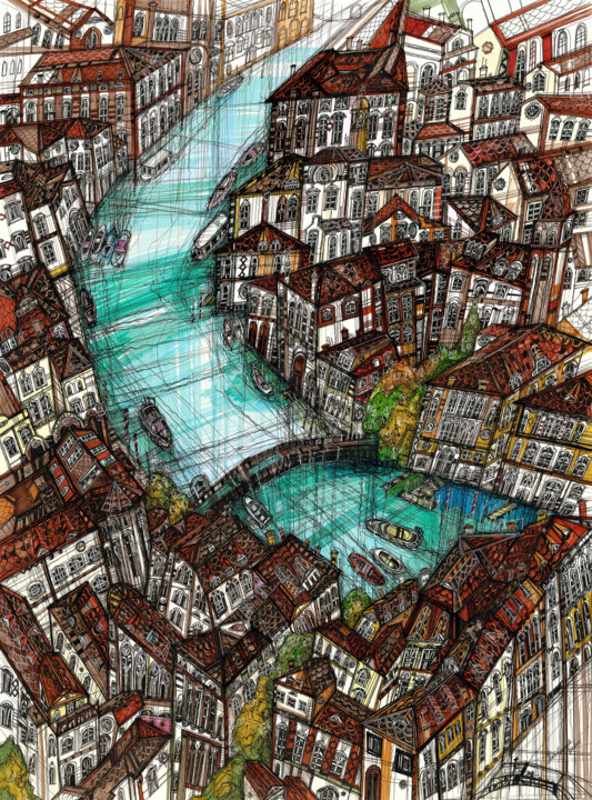 Painting titled "Venice. Grand Canal" by Maria Susarenko, Original Artwork, Ballpoint pen
