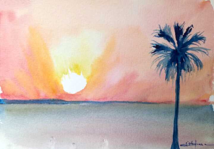 Painting titled "Lever de soleil sur…" by Edith Bos Boyer (EDITH DONC), Original Artwork, Watercolor