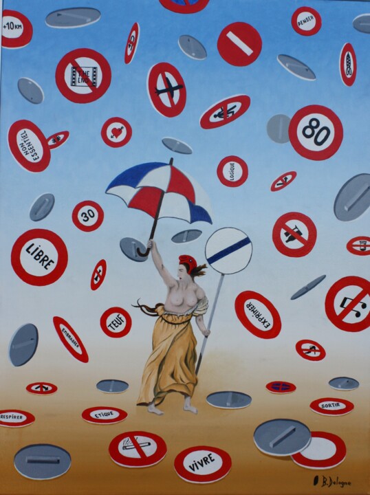 LA LIBERTE SE PROTEGEANT DES INTERDITS ( du COVID ) 绘画, 31.5x23.6 in