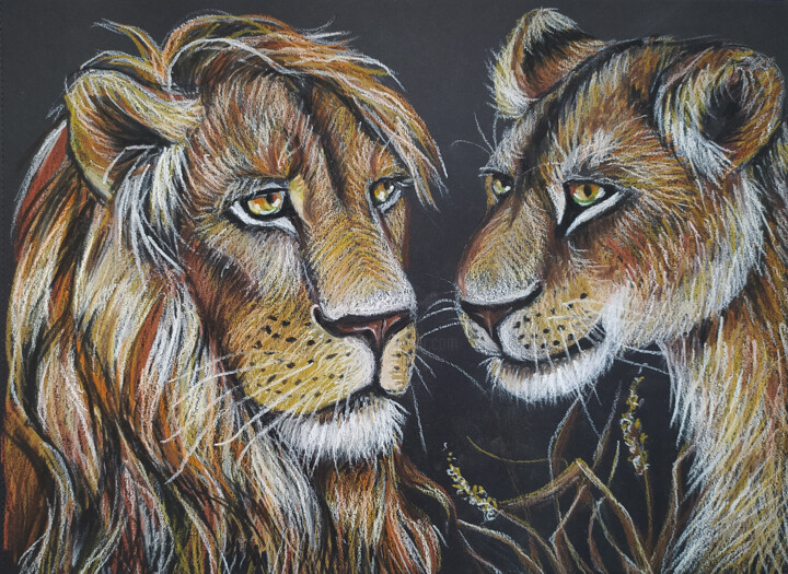 Portrait of beautiful lions painting oil pastel realism art 图画, 11.7x15.9 in