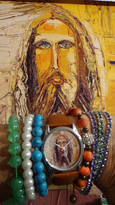 Malerei mit dem Titel "montre christ jaune…" von Frederic Servian, Original-Kunstwerk, Öl