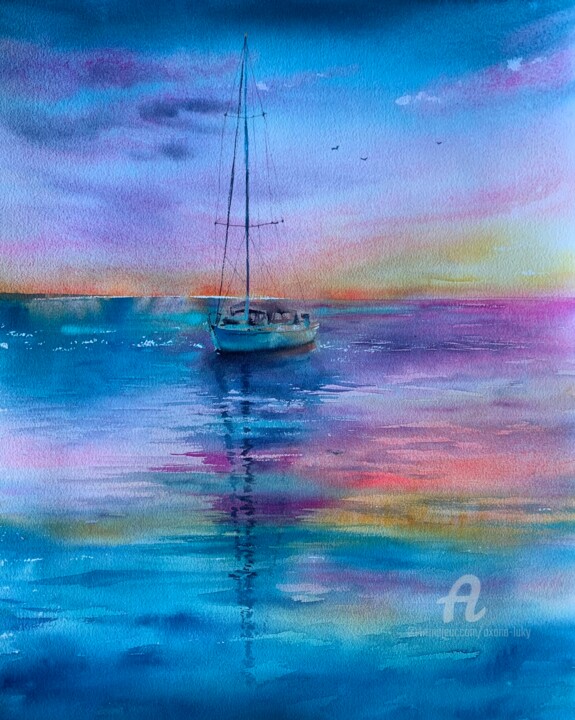 제목이 "Yacht- seascape, su…"인 미술작품 Oxana Luky로, 원작, 수채화