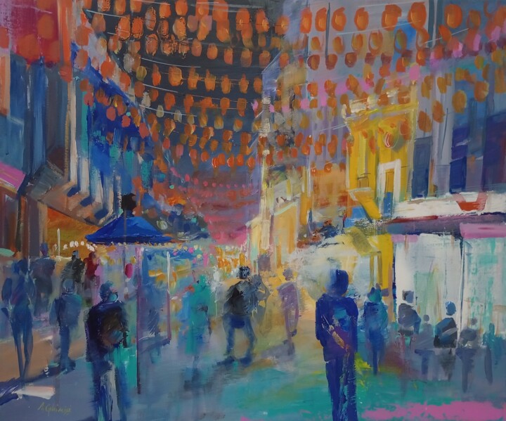 China Town (Red lanterns) 绘画, 19.7x23.6 in