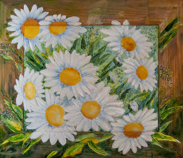 Malerei mit dem Titel "Daisies/ Ромашки" von Olena And Taisiya Voyevodenko, Original-Kunstwerk, Glasmalerei