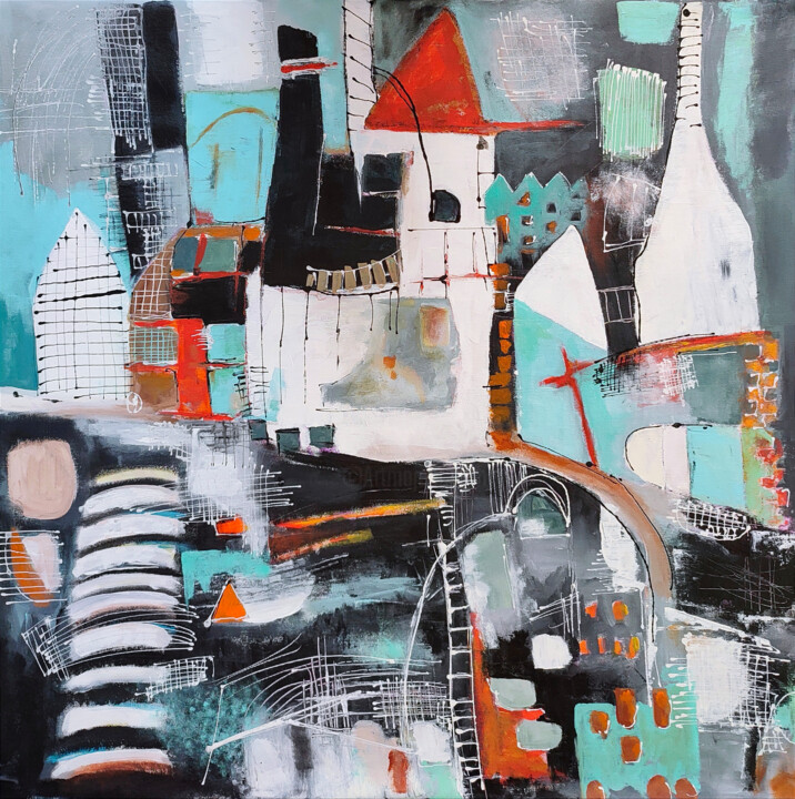 A Night City in the Rain 绘画, 31.5x31.5 in