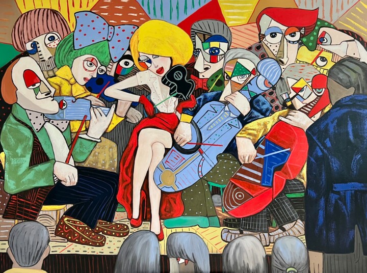 Lady in red with her ensemble of violinists 绘画, 59.1x78.7 in