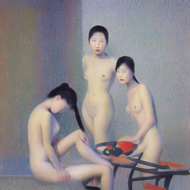 Painting titled "Three Models retro 2" by Michael Cheung, Original Artwork, Acrylic Mounted on Wood Stretcher frame