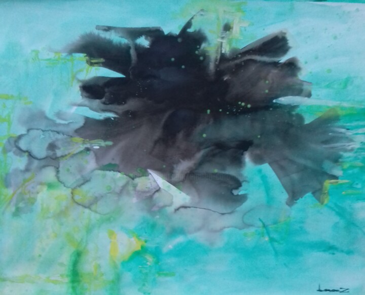 Painting titled "Nymphéas et encre" by Lorenz, Original Artwork, Acrylic