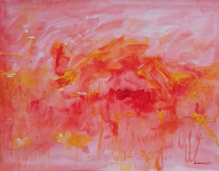 Painting titled "Nymphéas rouge" by Lorenz, Original Artwork, Acrylic