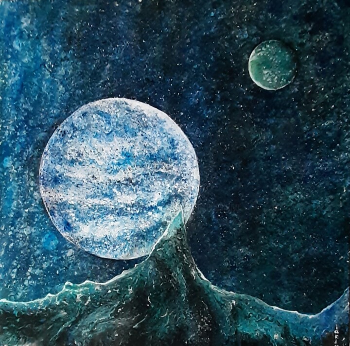 Planète bleue et sa lune bleue 图画, 19.7x19.7 in