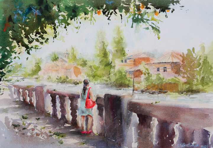 제목이 "Summer day in Kutai…"인 판화 Olga Skhirtladze로, 원작, 수채화
