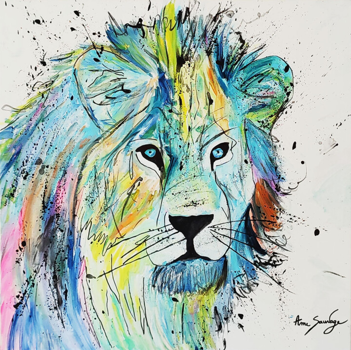 Blue lion - tableau d'un lion multicolore street art 绘画, 19.7x19.7 in