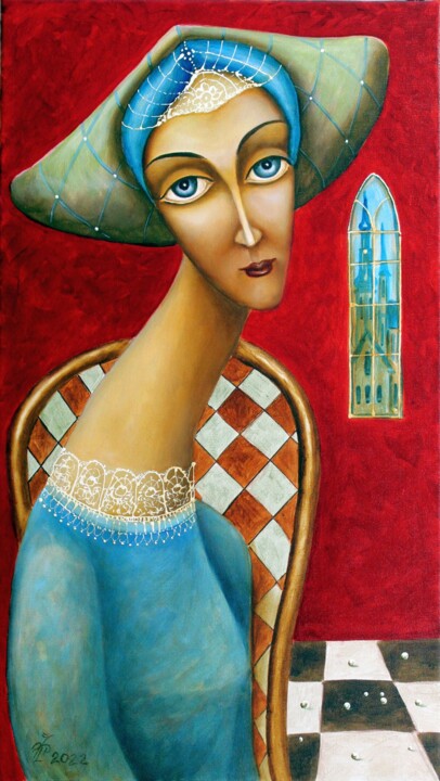 Дама в красной комнате 绘画, 28x16 in