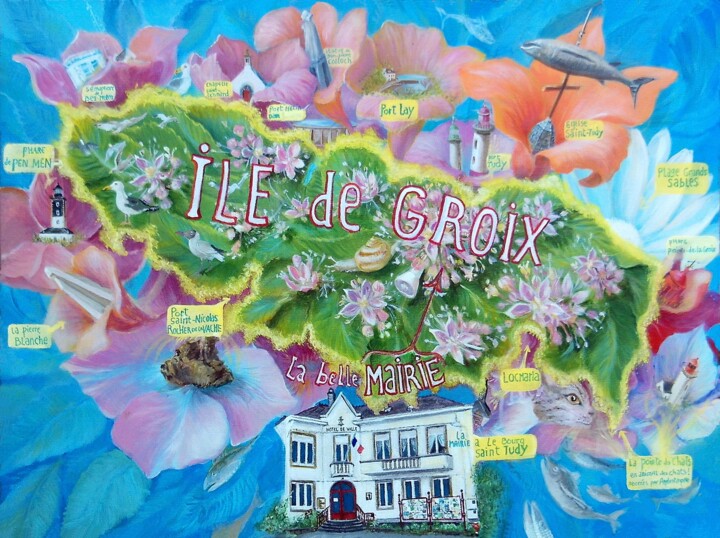 Île de Groix agréable en carte exacte et écologie. 绘画, 21.3x28.7 in