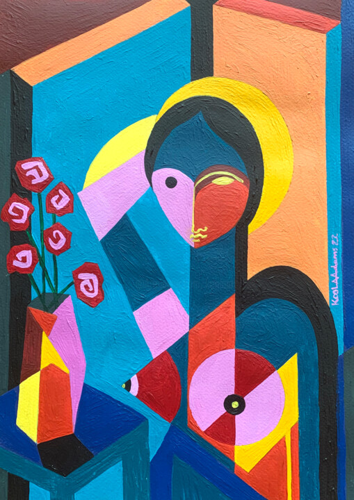 Woman with Red Roses VI 绘画, 16.5x11.6 in