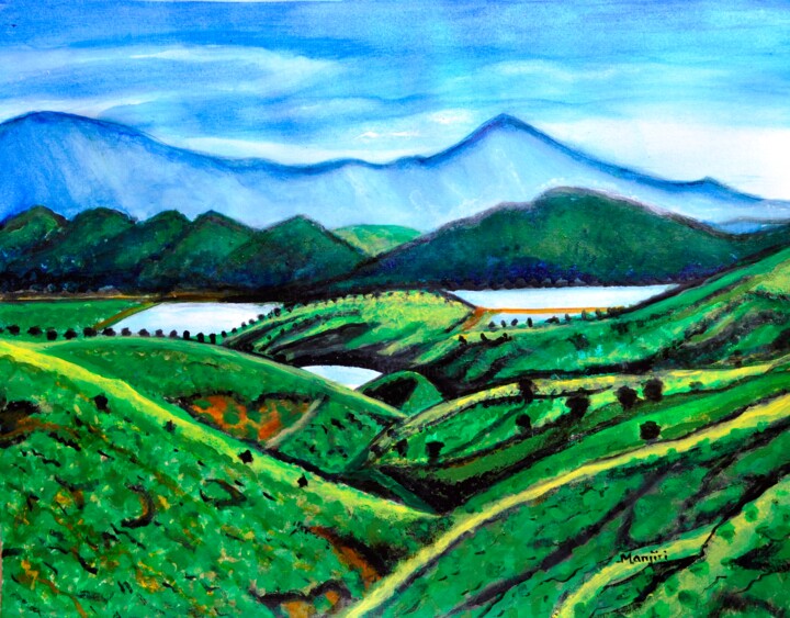 Landscape with Tea estate valley river mountians 绘画, 16x20 in