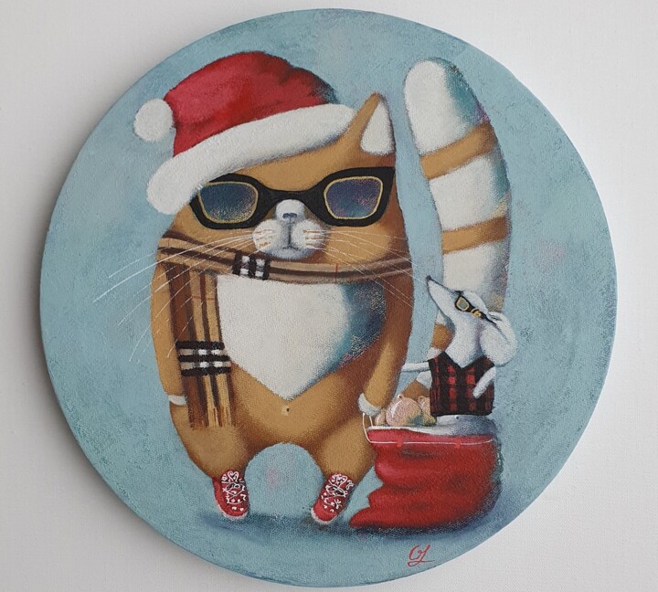 Christmas party - acrylic painting, fashion, cat 绘画, 11.8x11.8 in