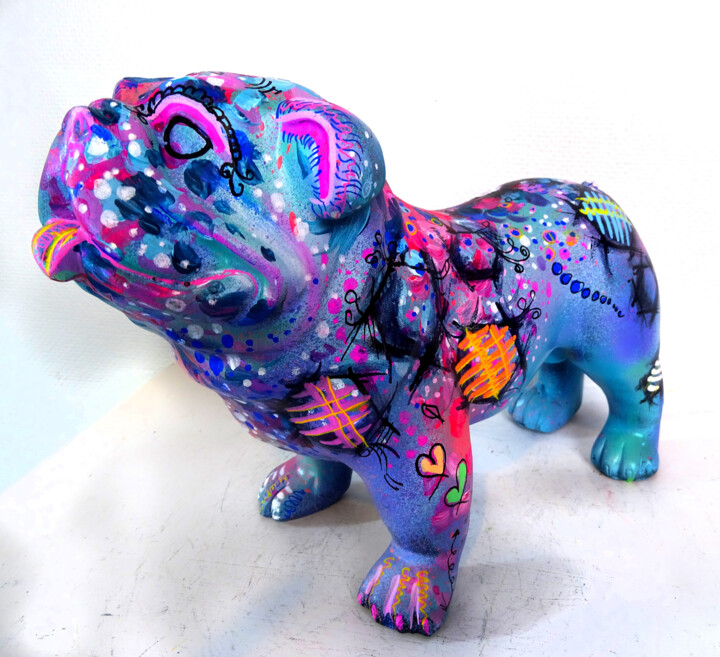 Bouledogue sculpture résine pop art floral unique Sculpture, 7.1x10.2 in