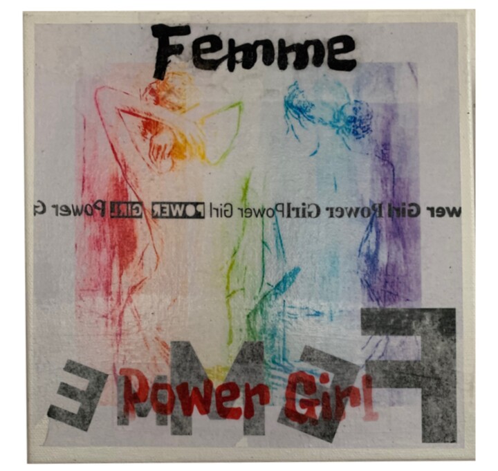 Collages titled "Power Girl" by Corine Grumo, Original Artwork, Collages Mounted on Wood Stretcher frame