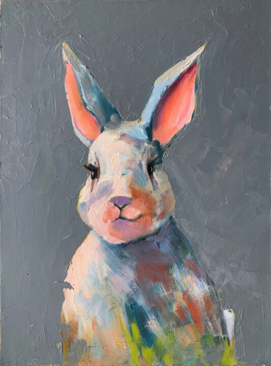 Colorful Rabbit. Original animal Bunny Hare painting. 绘画, 15.8x11.8 in