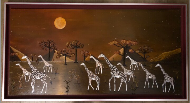 Girafes et lune rousse ( L' exode de 2100 ) 绘画, 24x48 in
