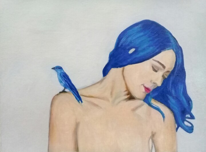 Painting titled "Pájaro azul" by Bonifacio Contreras, Original Artwork, Oil