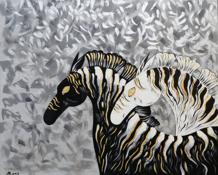 Dual Harmony: Zebras in Gold and Silver 绘画, 31.5x39.4 in