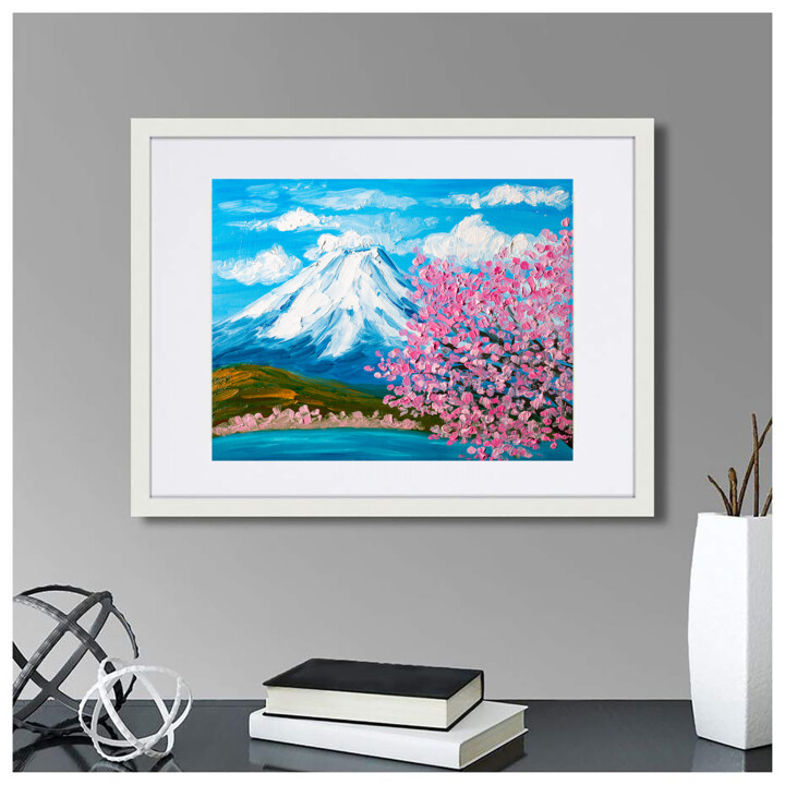 Cherry Blossom Fuji Volcano Japanese Flo, Painting by Arina
