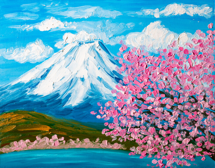 Cherry Blossom Fuji Volcano Japanese Flo, Painting by Arina