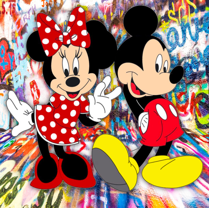Mickey And Minnie Mouse Pop Art Graffiti Love Happy 2 绘画, 20x20 in