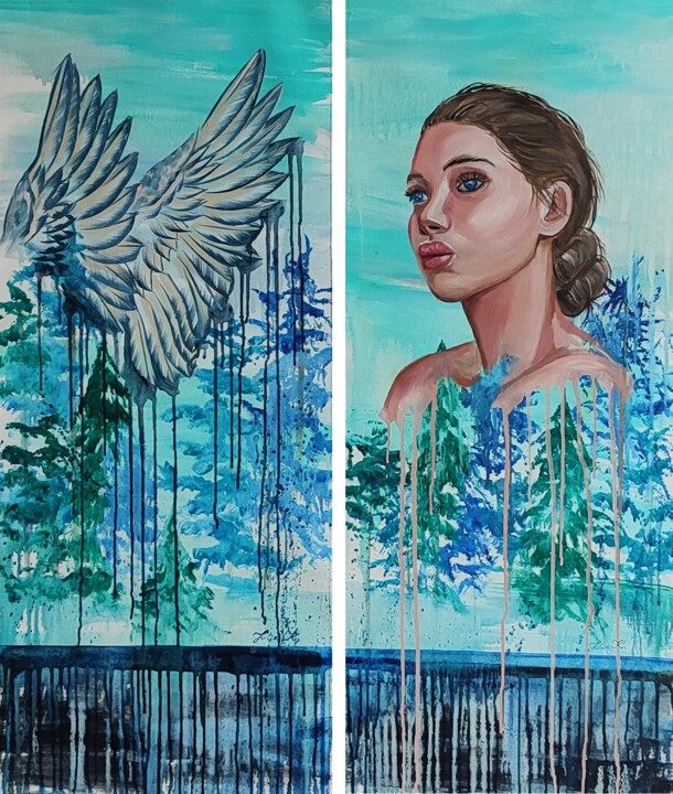 Serenity. Portrait of a beautiful girl over blue trees. 绘画, 31.5x29.5 in