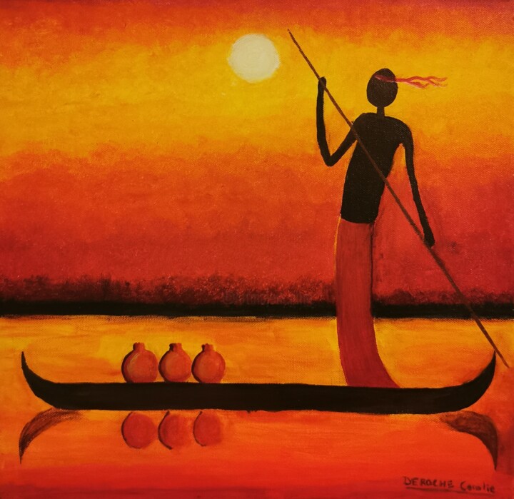 La barque au coucher de soleil 绘画, 15.8x15.8 in