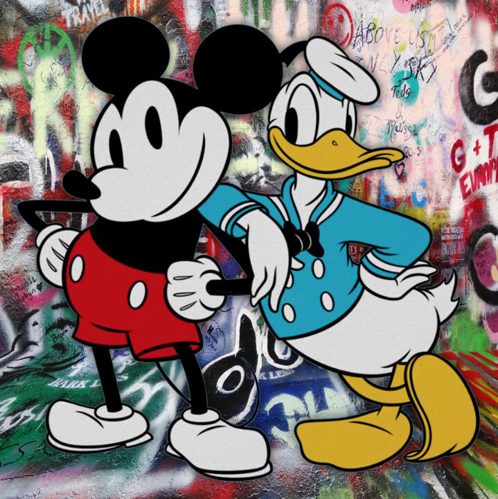 Painting titled "Donald Duck And Mic…" by Tony Rubino, Original Artwork, Acrylic Mounted on Wood Stretcher frame