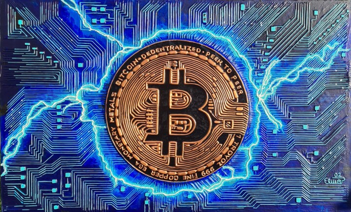 Rzeźba zatytułowany „Thunder Bitcoin.” autorstwa Elmar Gerald Arneitz, Oryginalna praca, Metale Zamontowany na Panel drewnia…