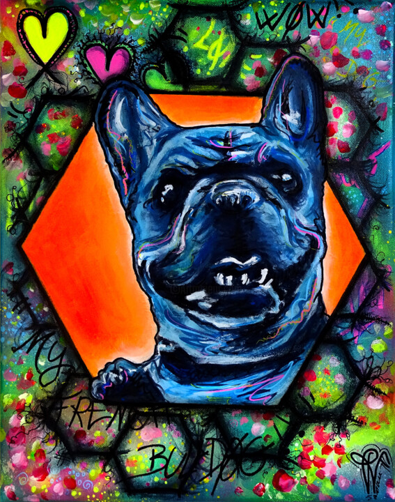 Peinture pop art sur toile Bouledogue "My Hex Bulldog" Schilderij, 16,1x13 in