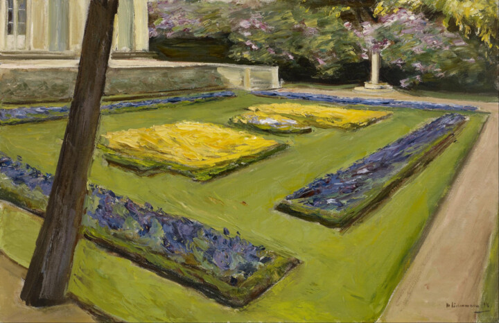 Schilderij getiteld "Terrasse dans le ja…" door Max Liebermann, Origineel Kunstwerk, Olie