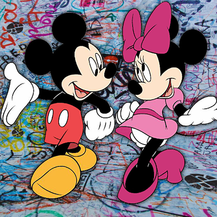 Mickey And Minnie Mouse Pop Art Graffiti Love Happy 4 绘画, 20x20 in