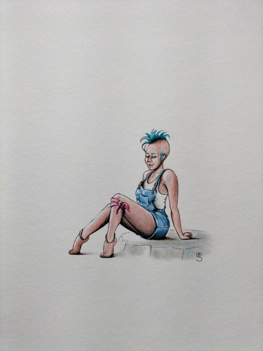 Drawing titled "En salopette..." by Edith Stenven, Original Artwork, Ink