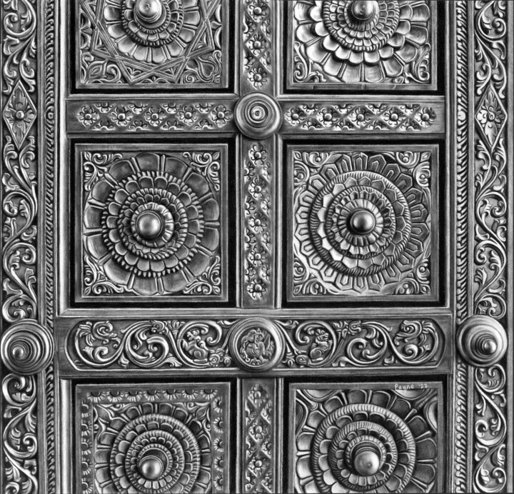 Carved Wooden Door Drawing, 12.5x13 in