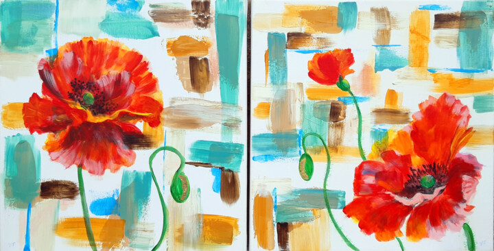 Pittura intitolato "Diptych Red Poppies…" da Viktoriya Filipchenko, Opera d'arte originale, Acrilico Montato su Telaio per b…