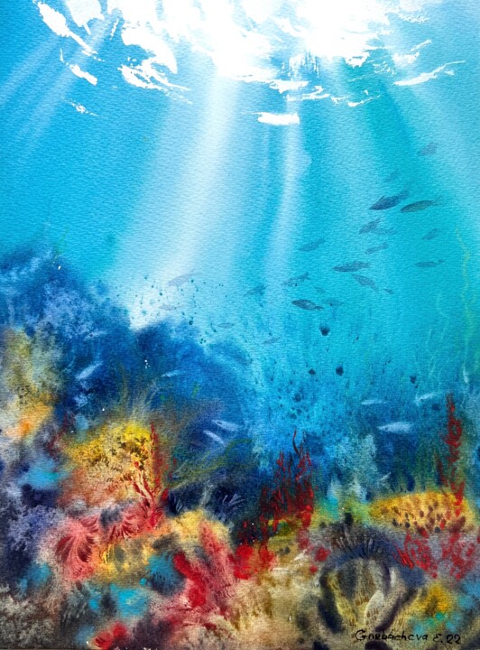 【真作】絵画　水彩（色紙）　地中海（ギリシャ）　軽やかなタッチ　V196 真作】絵画 水彩（色紙） 地中海（ギリシャ） 軽やかなタッチ V196