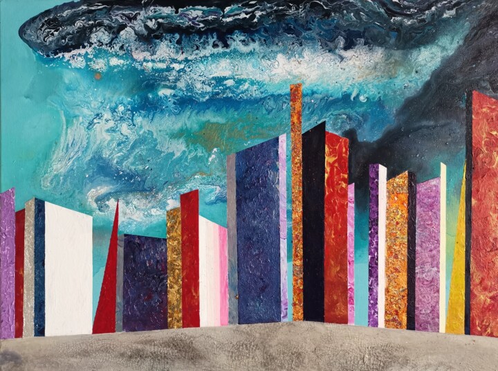 Storm brewing over City 绘画, 23.6x31.5 in