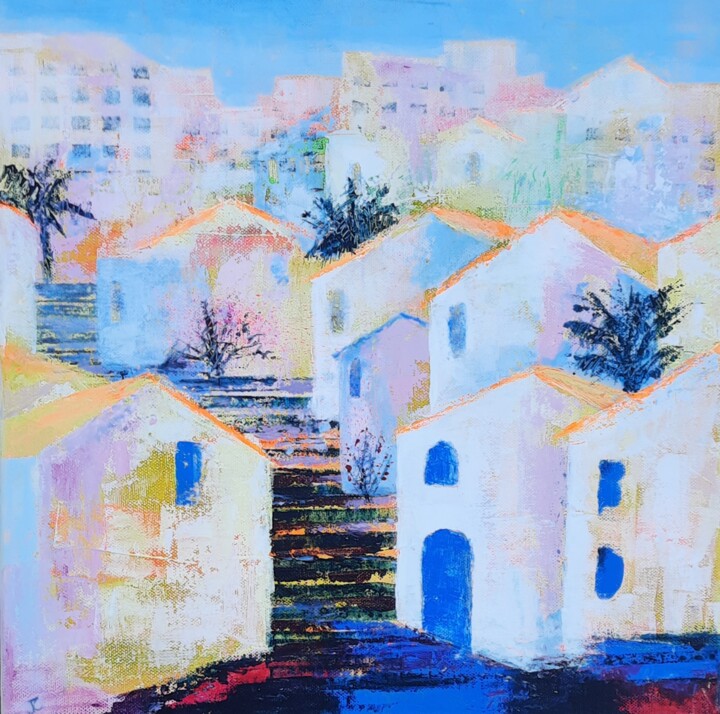 Painting titled "Pueblo Rocio" by Jill Carrott, Original Artwork, Acrylic