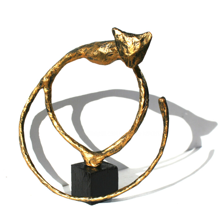 Petit chat tout en rondeurs, patine dorée 雕塑, 7.9x7.9 in
