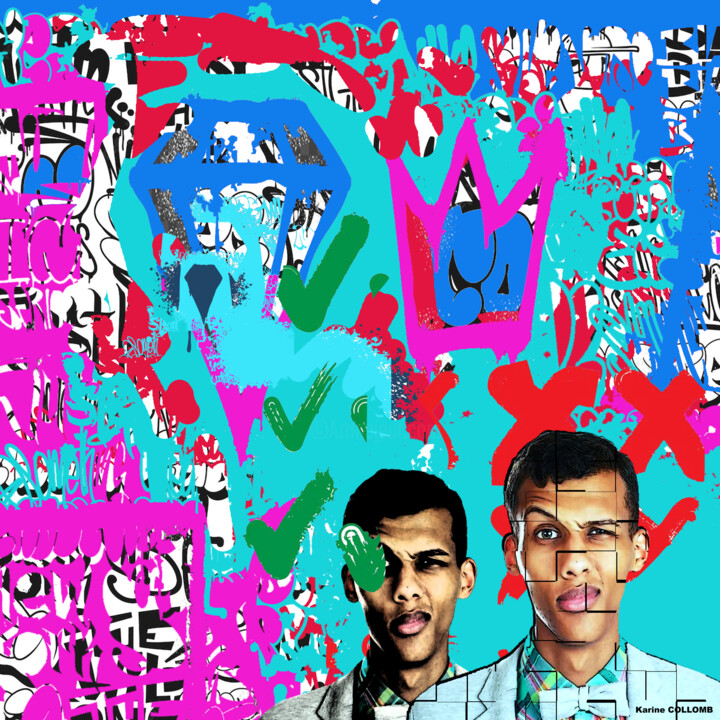 「Stromae」というタイトルの絵画 Karine Collombによって, オリジナルのアートワーク, デジタル絵画 ウッドストレッチャーフレームにマウント