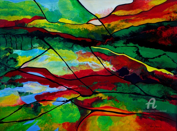 Painting titled "Au bord du Lot 4" by Alain Boissel, Original Artwork, Acrylic Mounted on Wood Stretcher frame